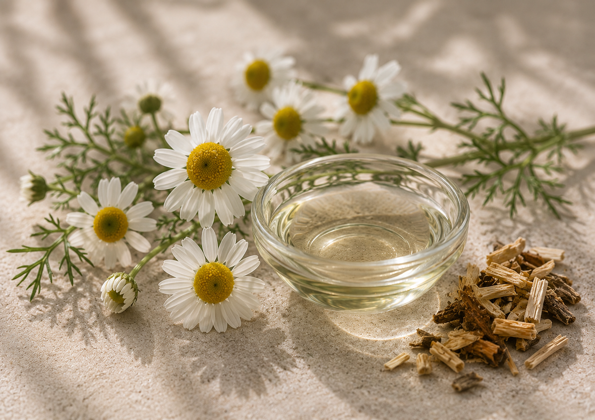 Recipiente de vidrio con aceite transparente rodeado de flores frescas de manzanilla y raíces secas sobre piedra.